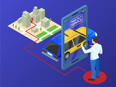 Isometric. Ordering Online Taxi and Call a taxi online. graphic design