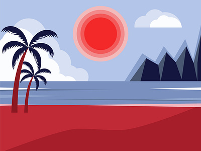 A tropical landscape by the sea. Sun, mountains