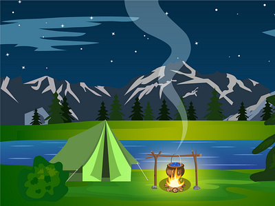 Tents with a bonfire on the background of the forest. Camping illustration