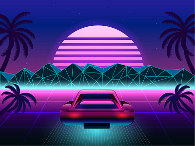 80s Retro Sci-Fi Background with Supercar.