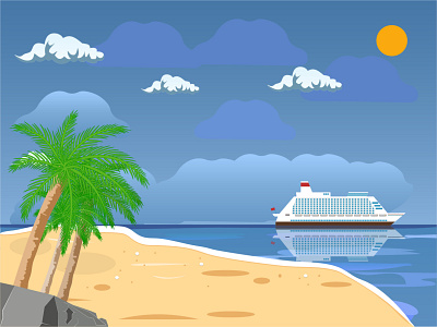 Landscape of islands and beach. Cruise liner ship. landscape