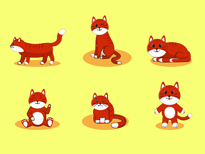 Red Cat. in different poses. set. Vector graphics. funny