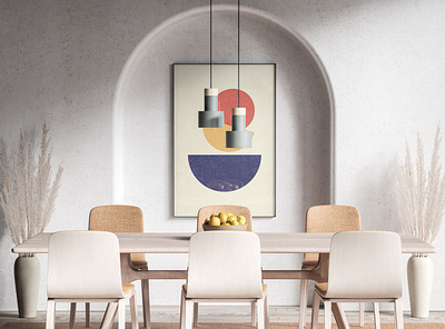 Abstract contemporary mid century posters with geometric shapes. round