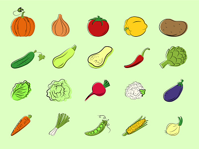 Set vegetables with line art elements.