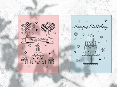 Happy birthday greeting cards birthday cake cakes congratulations element graphic design holiday linear design postcard