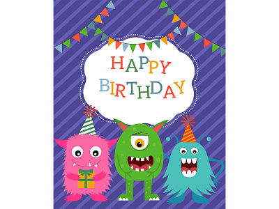 Birthday card with funny monsters. illustration