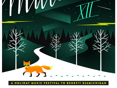 Mittenfest XII Poster! fox fundraiser holiday poster snow trees winter