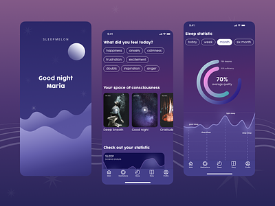 Sleep tracking app app for night app for sleep application charts diary app feeling tracking meditation app meditations mobile app mobile application product design purple app purple design sleep statistic sleep tracking app tracking ui uiux ux