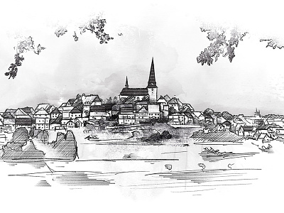Landscape illustration black illustration landscape sketch tablet village wacom white