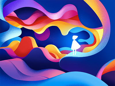 DREAM WORLD character girl gradient graphic illustration landscape light moon mountain wave