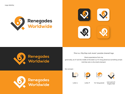 Modern LP Letter | Rock music |Renegades worldwide - Logo Design brand identity design branding branding identity design graphic design illustration logo logo design lp letter minimal minimalist modern music logo renegades worldwide rock finger rock music ui vector yin yang planet youtube logo