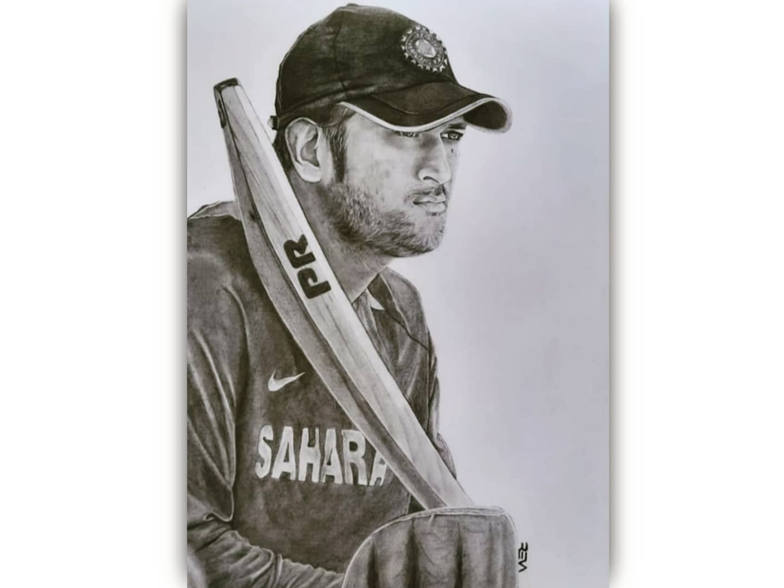 Colour pencil sketch of MS Dhoni – Ginnu Ganesan – BnW Illustrated