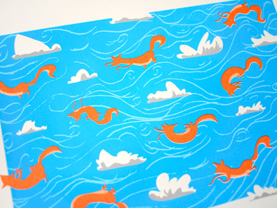 Sly foxes, printed blue clouds foxes orange paper screenprint sly wind