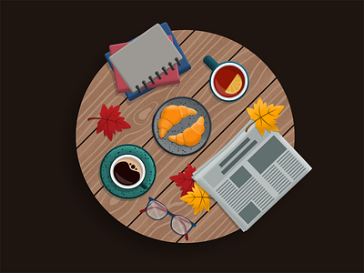 Autumn Table autumn books coffee cup design food glasses graphic design illustration leaves newspaper notebook table tea vector