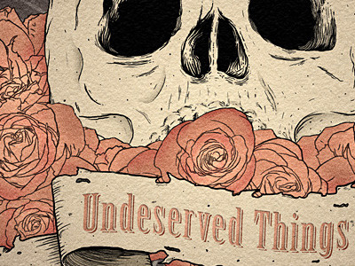 Undeserved Things digital illustration roses scroll skull