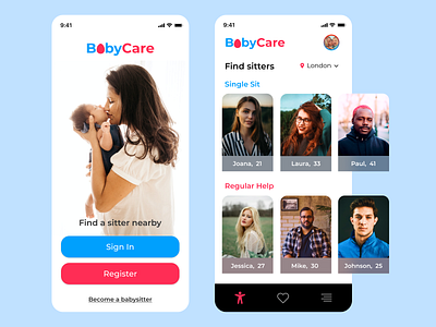 BabyCare - find sitters app baby blue branding design explore icon logo photography pink red typography ui ux vector