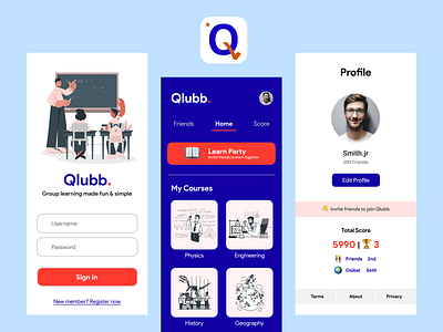 Qlubb - Learning App app blue branding colour design icon illustration logo orange red school study typography ui ux vector