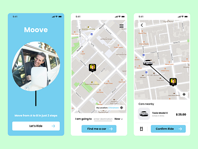 Moove - Ride-hailing App android app blue book branding car design icon illustration location logo lyft map mobile ride tesla typography uber ui ux