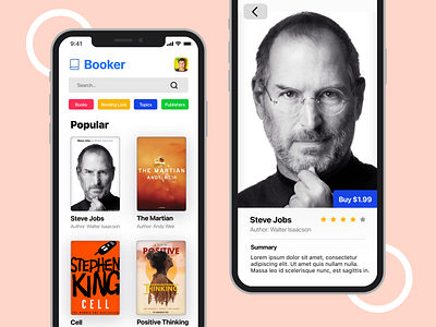 Booker - Mobile android app book branding cards design designsystem icon illustration ios jobs library logo typography ui userinterface ux vector