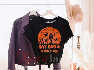 "Say Boo & Scary on" T-Shirt Design animation app art branding custom t shirt design graphic design halloween vector icon illustration logo many book t shirt minimal pumpkin scary typography ui ux vector web