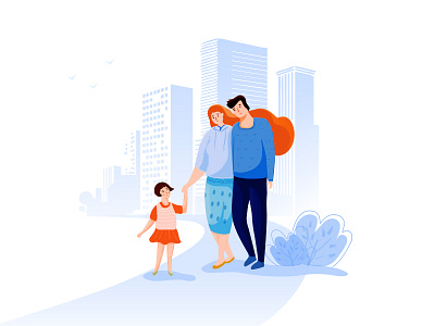 Family walk building character child couple family illustration man plant ui woman