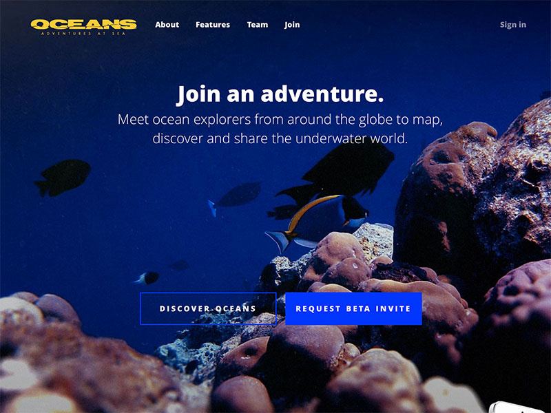 Oceans.io oceans scuba diver iphone app ui blue web responsive underwater
