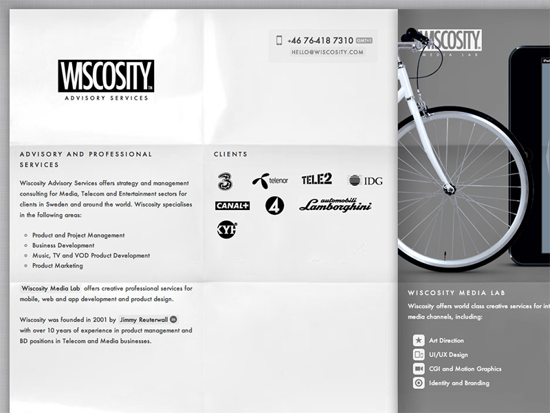 Wiscosity Redesign grey minimal minimalistic retina portfolio show case agency one-page paper wiscosity media lab clients black white redesign
