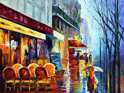 CAFE IN RAINY PARIS — oil painting on canvas by Leonid on Dribbble