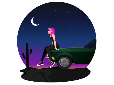 Girl sits on a car and looks at the starry sky 2d 2d art 2dart background car design digital illustration dribbble flat design illustration landscape motion graphics nature people sky vector web web design