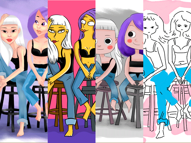 Character illustration in different styles art artwork body branding chair character custom design drawn face front girl girls handdrawn illustration jeans seat simpson smile style