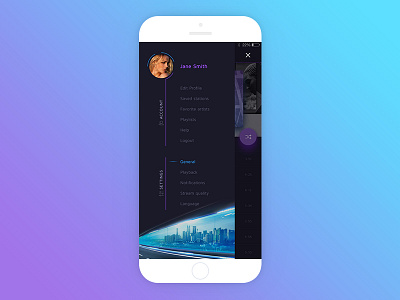 Music App Sidemenu 99apps app dark ios ios app menu mobile app music purple sidemenu ui design ux design