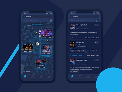 Party App [1/2] blue color colour dark event ios app map mobile app party photo stats venue