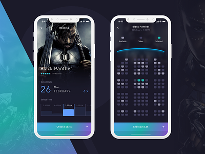 Cinema App - Concept app blue cinema color colour dark gradient green ios app mobile movie ticket
