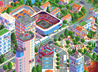 Pongori city illustration isometric isometry ping pong sport tennis table town