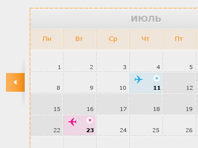 Flight Booking Calendar arrow blue calendar cyan days digits flights gray magenta month orange pink plane icon website week