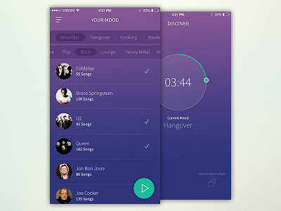 Music Player App app artist ios list menu modern music navigation player purple selection sleek