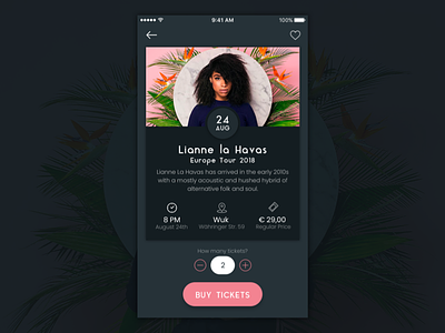 Ticket App UI Design app button buy clean concert crisp modern sleek ticket ui