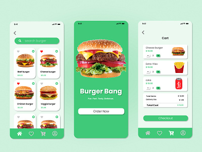 Burger Bang(Food ordering app) beginer burger app burger ordering app design easy food app food ordering app green green app minimalist product design ui uiux ux