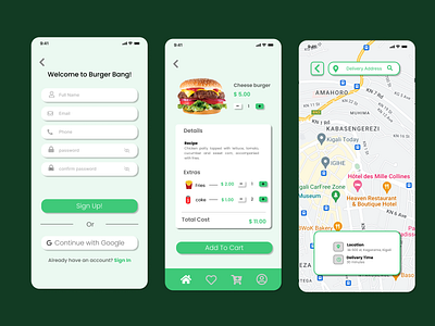 Burger Bang (Food ordering app) advanvced app beginner burger burger ordering app design easy food food ordering app green app minimalism product design simple ui uiux user interface ux