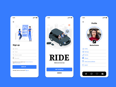 Ride App(Car Rental App) app appdesign blue car app car rental app design illustration product design ui uiux ux