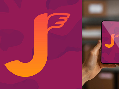 Logo Design app background branding business delivery design graphic design j logo mobile orange pink purple running typography wings