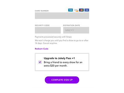 Jukely CC form card code credit creditcard form payment redeem sign signup up