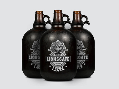 Lionsgate Lager Gallon Growler Beer Label Packaging Design beer flat growler label lager lion logo logo design packaging retro sticker vintage