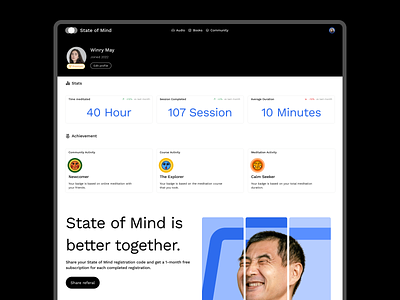 State Of Mind | Meditation Landing Page - Profile Page desktop meditation profile page swiss design ui website