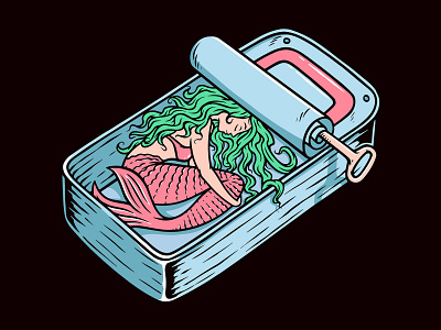a mermaid in a can apparel brand cartoon character design fantasy fish fun illustration mermaid mythology people tin vector