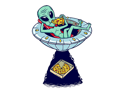 Aliens chill while eating pizza alien apparel cartoon character chill chilling clothing design eat enjoy fly fun illustration pizza plane relax ufo universe vector
