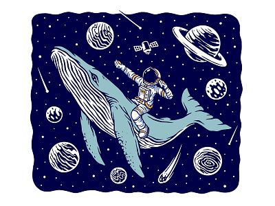Astronaut riding a whale apparel astrology astronaut character design explore fish fly galaxy illustration journey planet riding space star travel typography universe vector whale