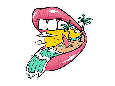 Beach in my mouth anture beach beach party design happy illustration lip mouth natural ocean people sea summer talk travel trip tshirt vacation vector