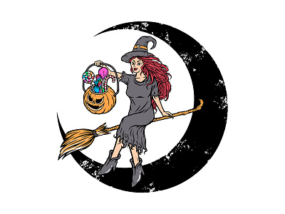 beautiful witch brings halloween candy broom cartoon character clothing dark design devil fantasy halloween halloween flyer horror illustration magic moon night people tshirt vector witch woman