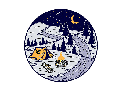 camping at night badge camp campfire camping cartoon clothing design illustration land moon mountain natural nature night summer travel trip tshirt vacation wild